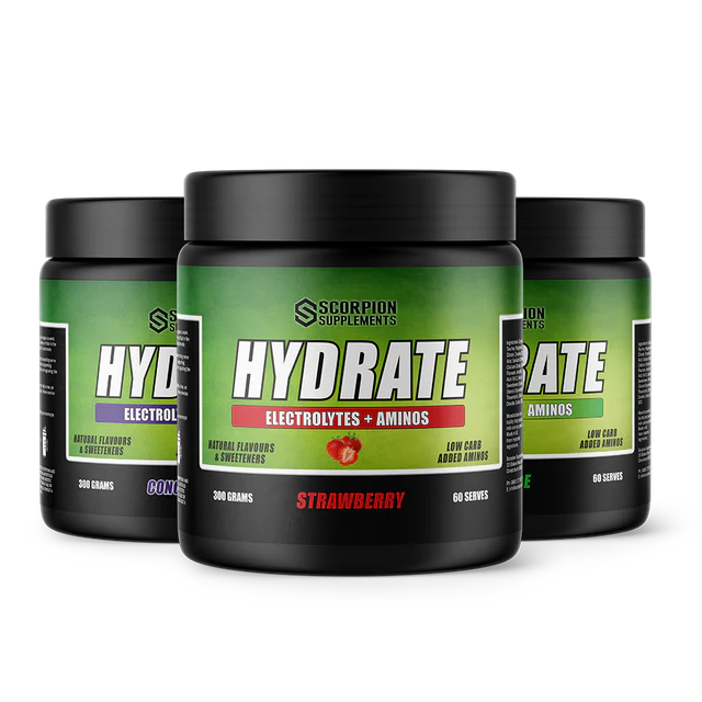 Three containers of Scorpion Supplements Hydrate supplement on a white background